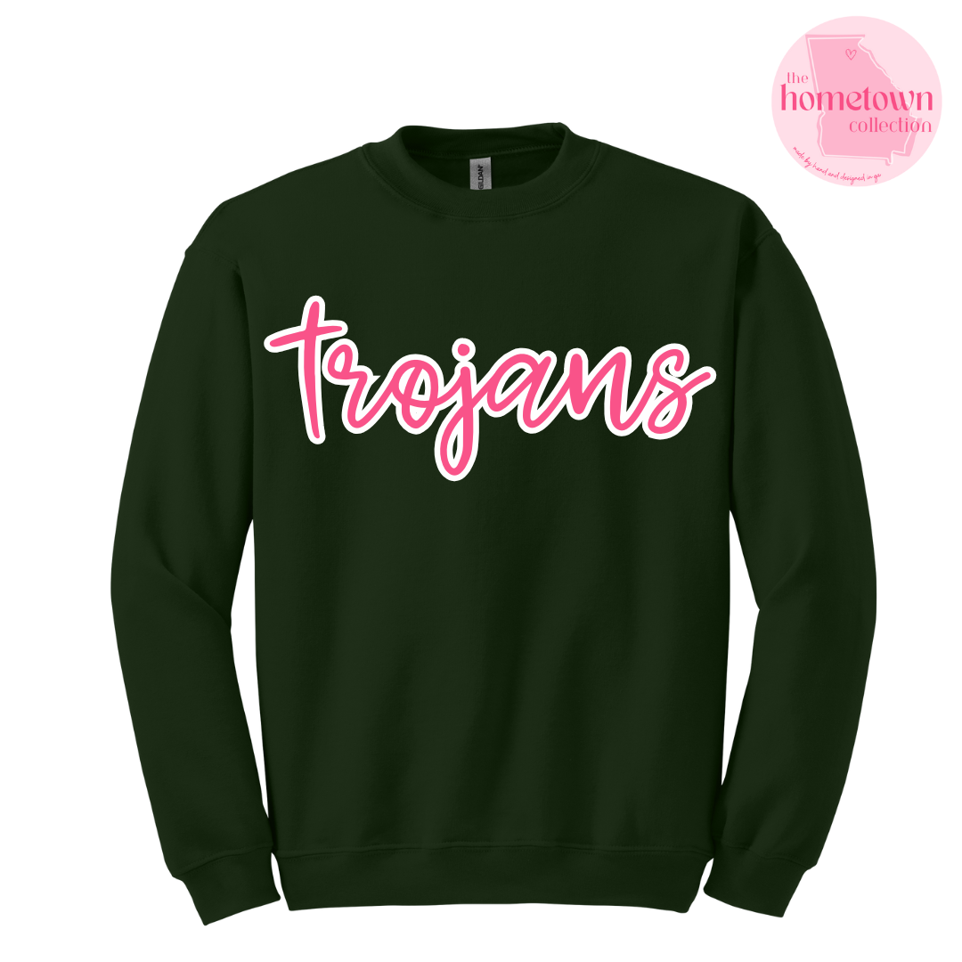 Pink Trojans on Forest Crewneck
